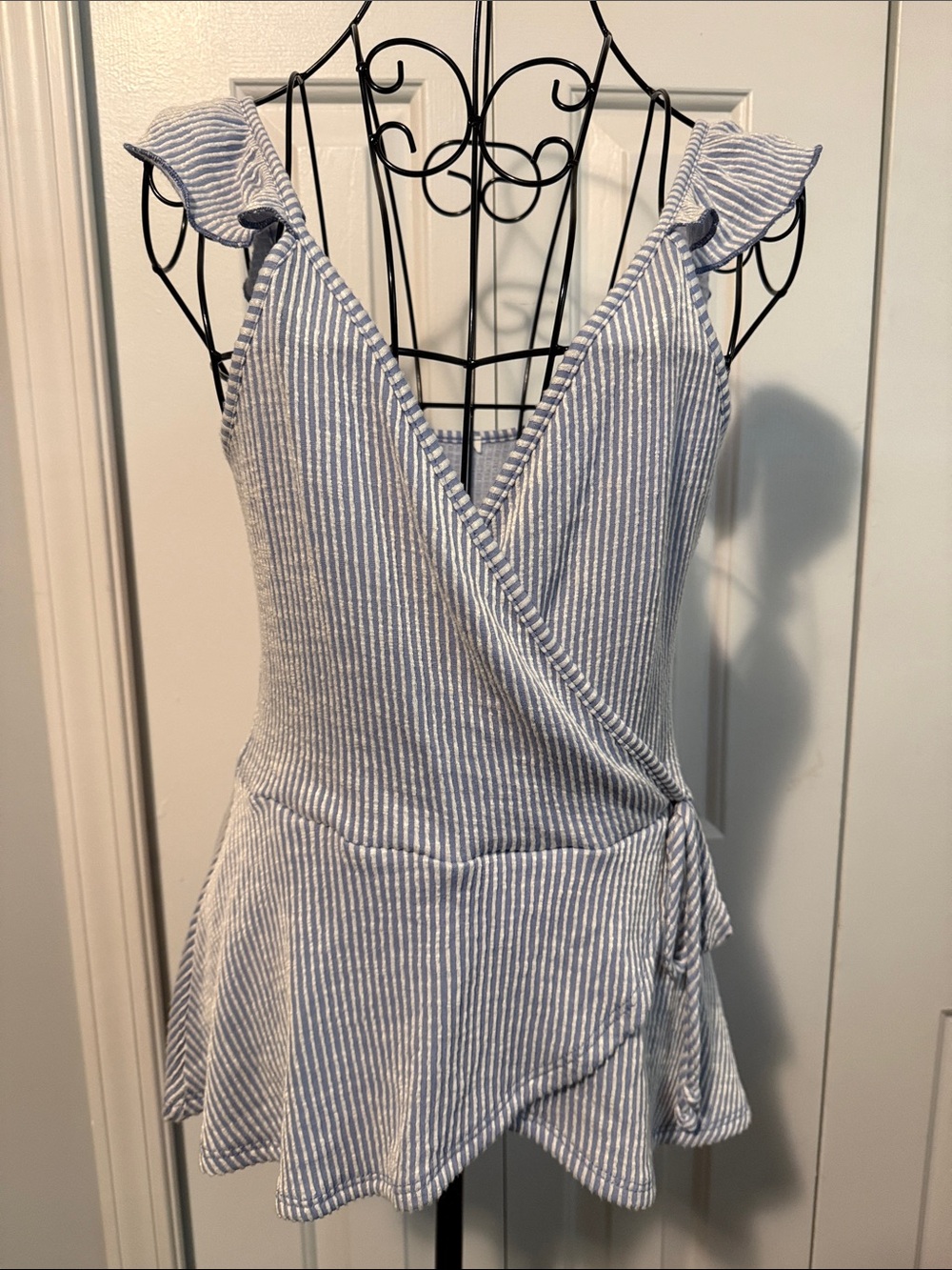 Blue and White Striped Wrap Peplum Tank Top